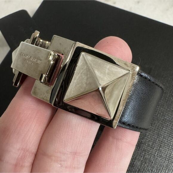Auth Saint Laurent YSL Black Leather Stud Bracelet Small Sized Metal - Picture 7 of 16